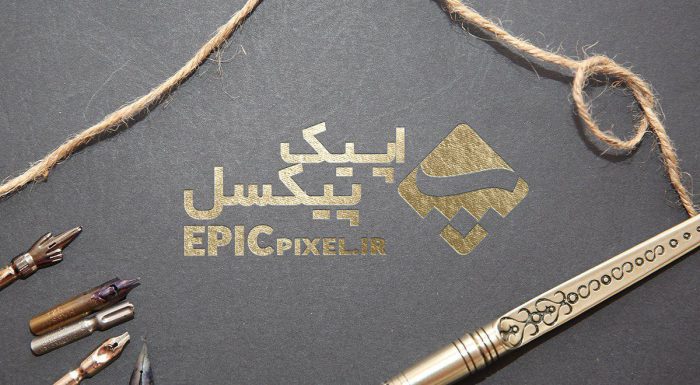 موکاپ لوگو طلایی شیک با قلم فلزی طلایی روی زمین