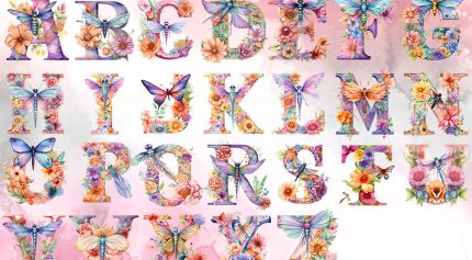 عکس های دوربری شده الفبای انگلیسی سنجاقک و گل