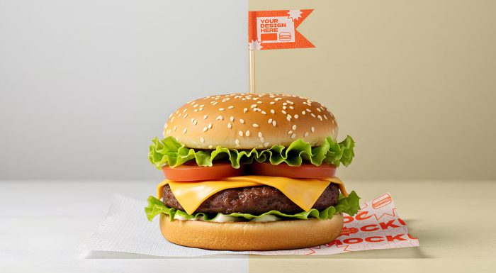 دانلود موکاپ همبرگر با پرچم و کاغذ زیر