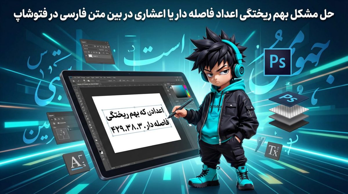 حل مشکل بهم ریختگی اعداد فاصله دار یا اعشاری در بین متن فارسی در فتوشاپ