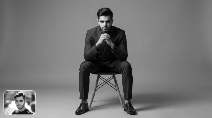 دانلود پرامپت پرتره سیاه و سفید نشسته روی صندلی استودیویی